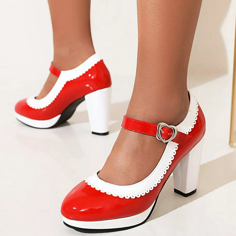 Eokkar Patent Mary Janes Heels Pink Block Rockabilly Shoes Lolita High Heels Shoes Wingtip Shoes Black White Pumps Shoes 2022
