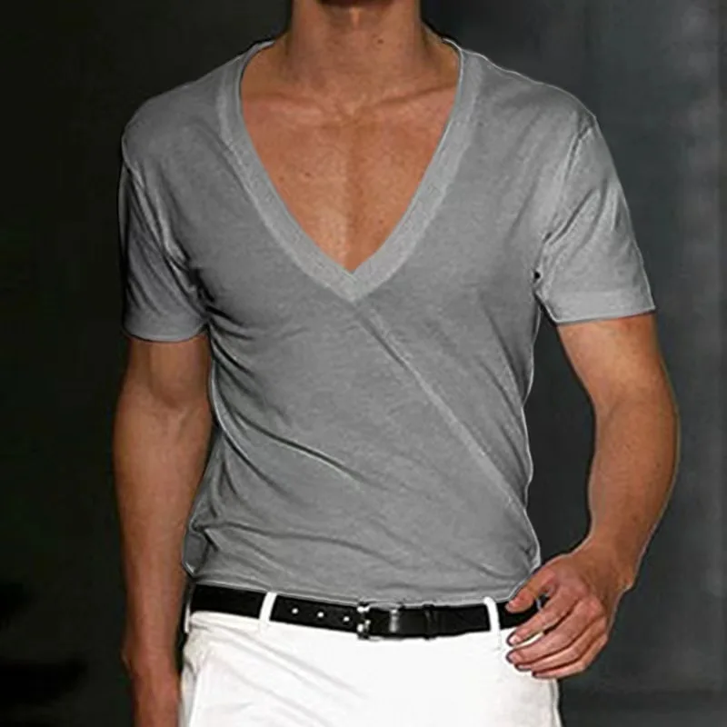 

B1839 Men T-shirt Shorts Sleeve Deep V-Neck Tops Solid Color Oversized Tees Men Streetwear Loose Pullover T Shirts Spring Summer