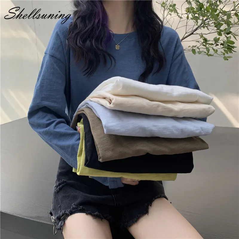 

Shellsuning Elegant Solid Simple Long Sleeve T-shirt Women Loose Casual Lazy Oaf All-match Cotton Tees Female Thin Basic Jumpers