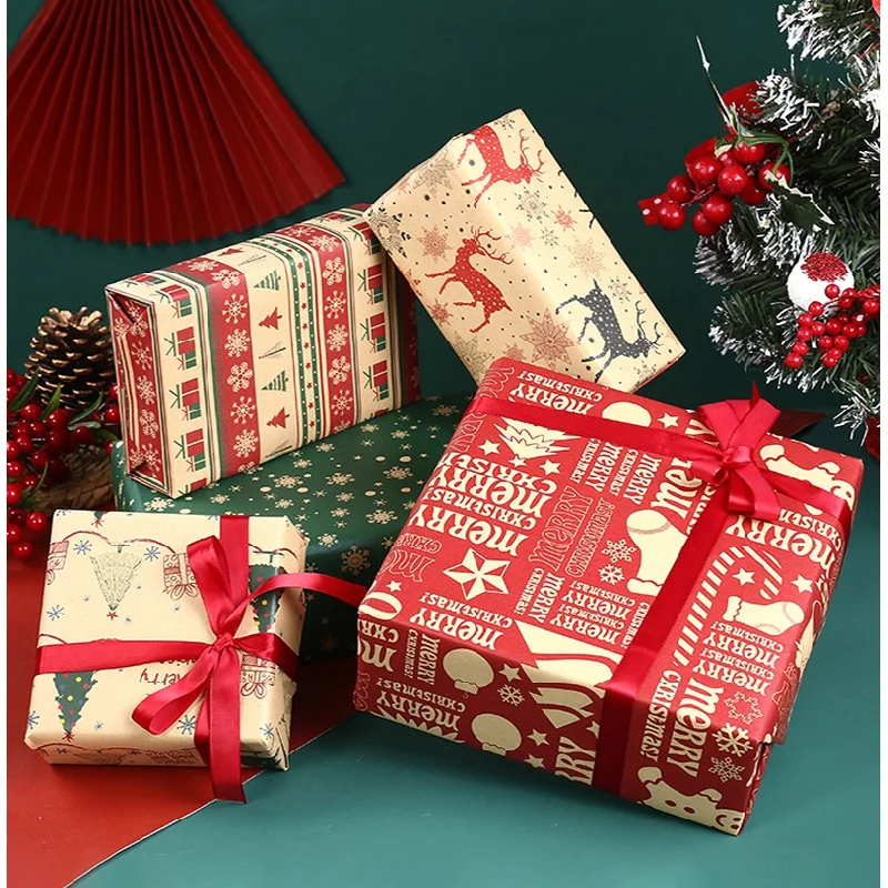 

50x70cm Kraft Wrapping Paper Christmas Gift Thickened DIY Paper Tree Elk Santa Claus Printing Gift Box Wrapping Present Decorat