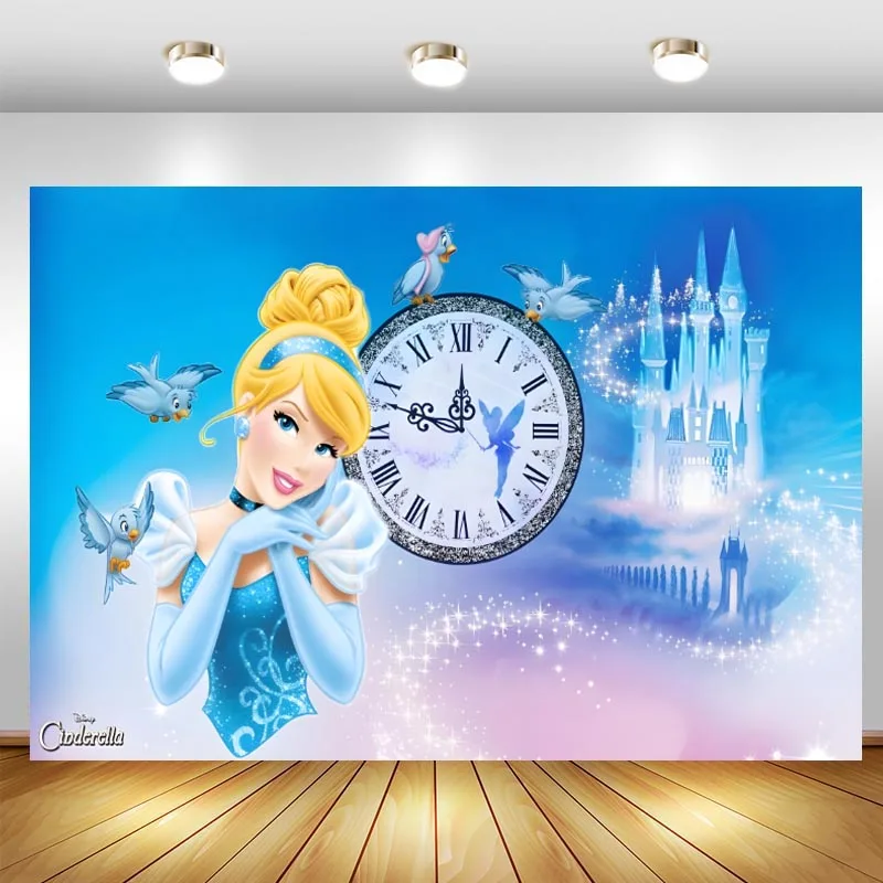 

Disney Princess Cinderella Backdrop Castle Blue Dress Blonde Girls Birthday Party Customized Photo Background Baby Shower Banner