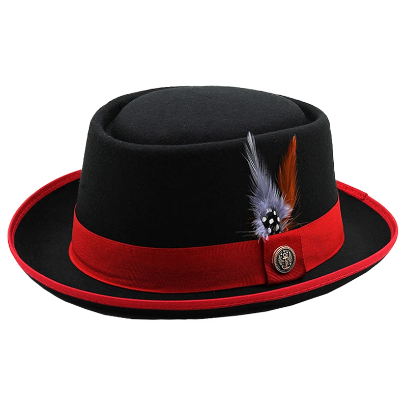 

Pork Pie Hats For Men Wide Brim Wool Felt Fedora Hat With Feather Gentleman Classic Church Wedding Panama British Top Hats Women