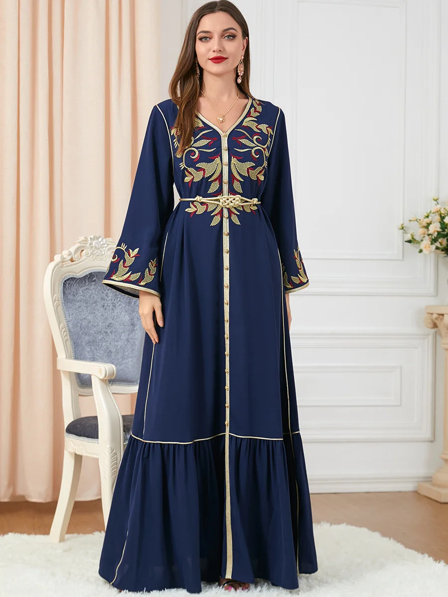 

Ramadan Morocco Dress Women Muslim Abaya Fashion Dubai Abayas Embroidery Belted Kaftan Elegant Party Dresses Vestidos Spring