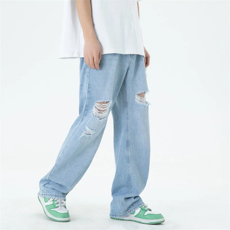 Blue/Black Baggy Jeans Men Fashion Casual Ripped Straight Jeans Men Streetwear Loose Hip Hop Hole Denim Pants Mens Trousers