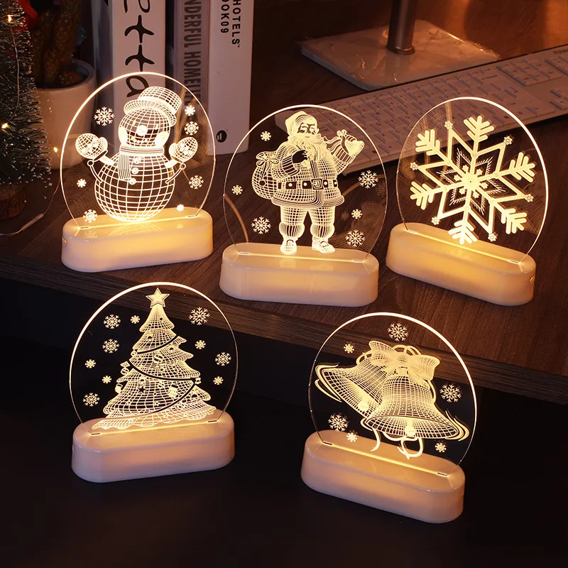

3D Christmas Lights LED Room Decoration Snowman Bells Acrylic Ornament Night Light Transparent Luminous Bulb New Year Gift