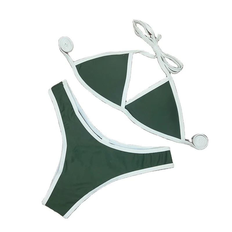 

Sexy Bikini Set Solid Color Swimsuit Women French Triangle Low-waist Swimwear Female Lace-up Back Fashion Swimming Suit