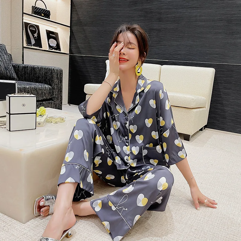 Simulated silk pajamas women's loose version can be worn outside fashionable and comfortable homewear suit printing pajamas