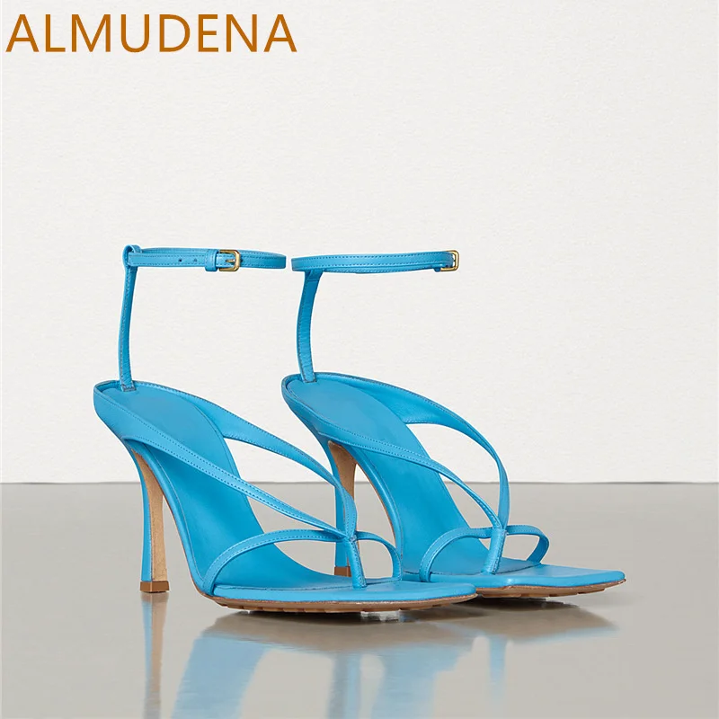 Square Toe Thin Heel Narrow Band Women Sandals Solid Sheepskin Super High Heel Flip-flops Buckle Strap Shoes Modern Dress Sandal