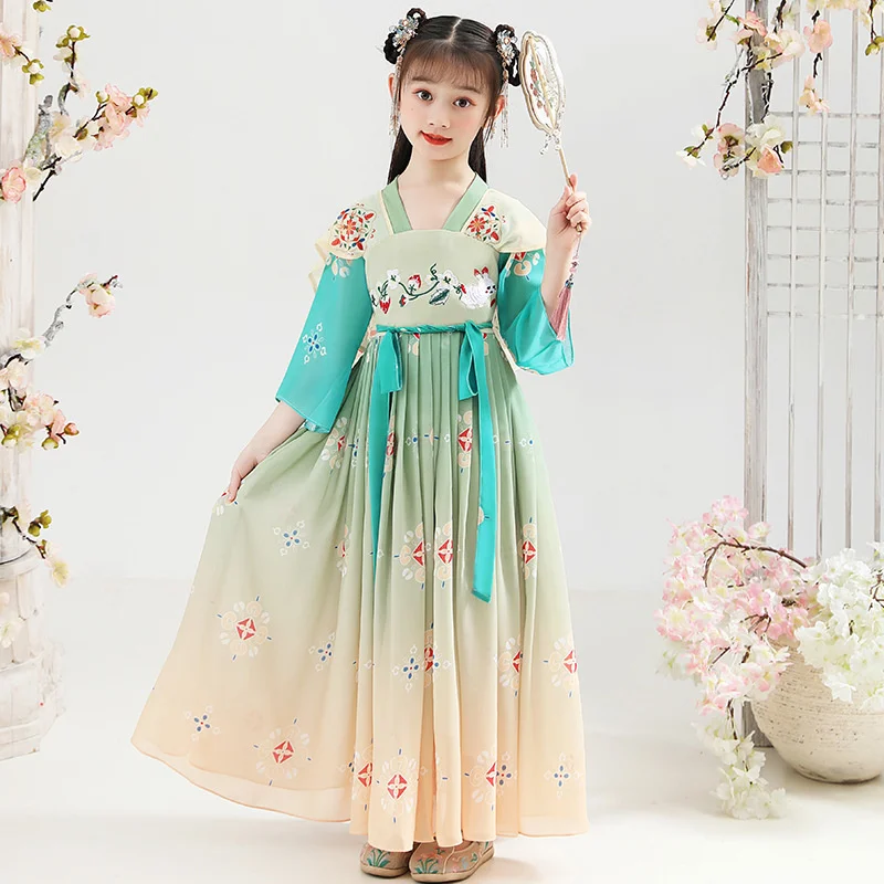 

Летнее платье ханьфу для девочки, новинка 2023, костюм принцессы Тан, китайский стиль, старый костюм с V-образным вырезом, пэчворк, вышивка, дет...