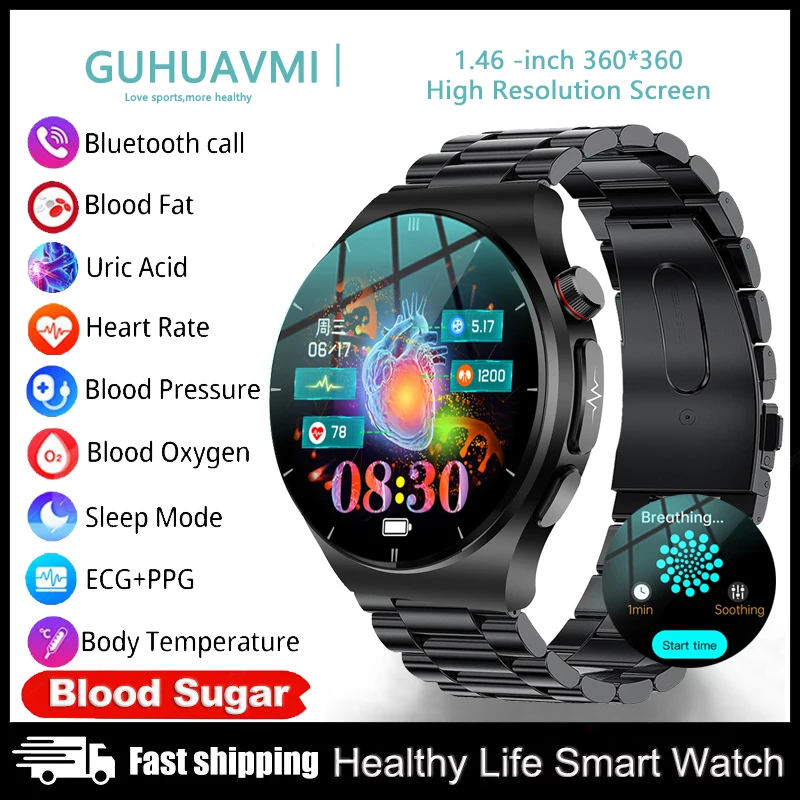 

2023 New AI Medical Diagnosis Smart Watch Men Bluetooth Call Blood Sugar Blood Lipid Uric Acid Health Monitor ECG+PPG Smartwatch