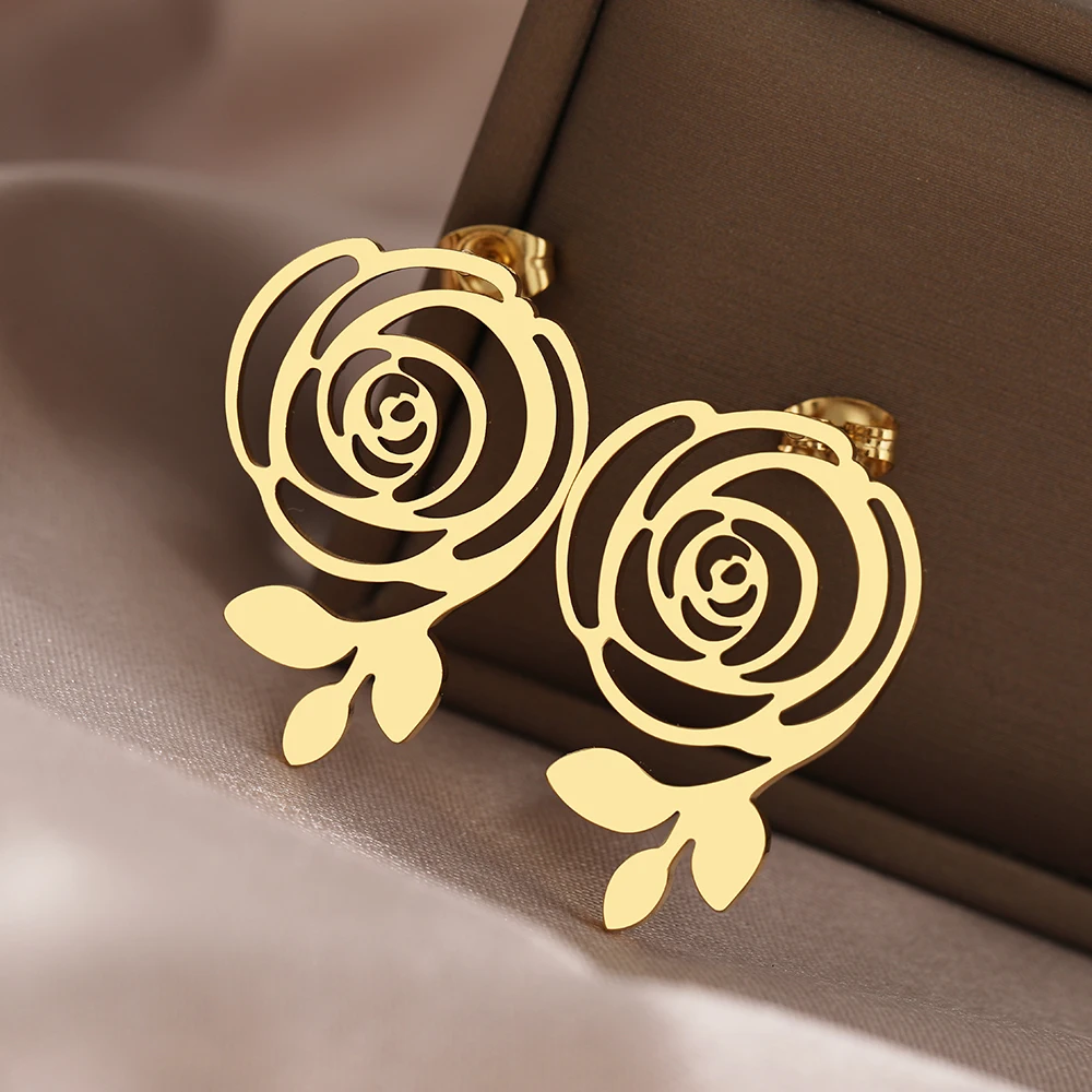 Stainless Steel Earrings 2022 Trend New Fashion Large Vintage Rose Flower Unusual Stud Earrings For Women Jewelry Party Gifts