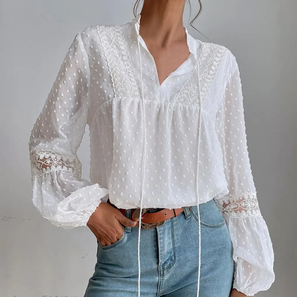 

Повседневная жаккардовая Блузка с V-образным вырезом и длинным рукавом-фонариком, в горошек, с цветочным узором, с вышивкой