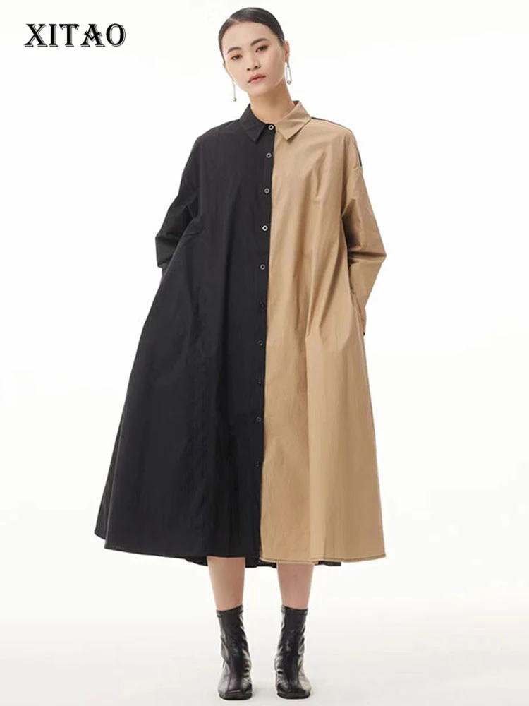 

XITAO Contrast Color Splicing Dress Loos Fashion Large Size Turn-down Collar Shirt Dress Long Casual Simple Women WLD6632