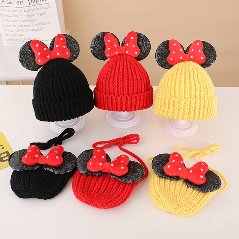 

Children Baby Hat Korean Mickey Ear Sequin Bow Wool Cap + Bag Little Girl Baby Knitting Basin Hat Baby Pullover Hat 2-7year-old