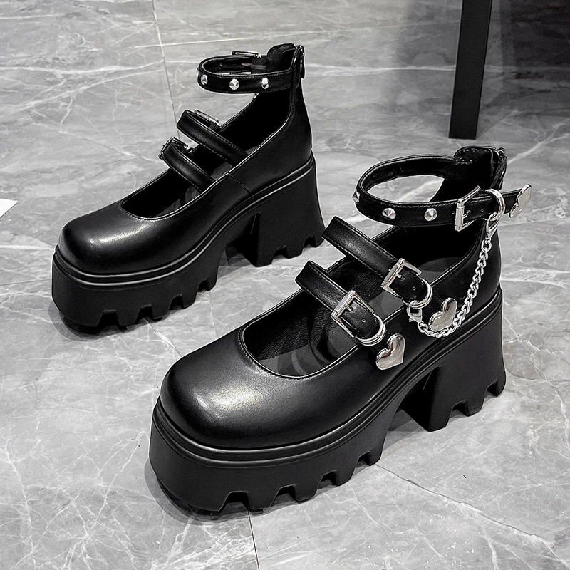 

Shoes for Women 2022 Metal Buckle Mary Janes Shoes Women Back Thick Platform Shoes Ladies Ankle Strap Square Heels Lolita Shoe