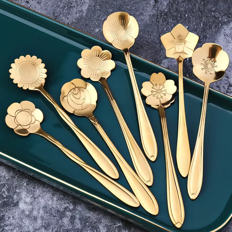 

8Pcs Flower Spoon Set Small Teaspoon Coffee Spoon Cute Ice Cream Dessert Spoon Silver Gold Stainless Steel Spoon For Coffee Tea