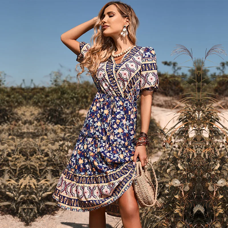 

Floral Dress Women Summer Fashion Short Sleeves V-neck Dresses Multi-colored Girly Sweet Vintage Oversized Ladies Dress