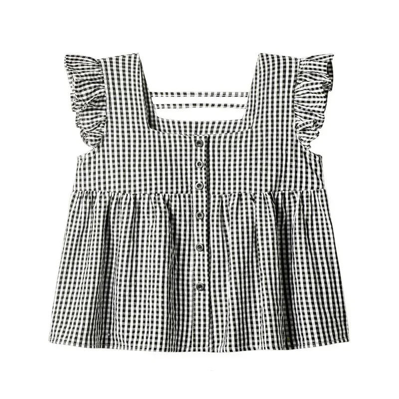 SweetOuter Wear клетчатый топ женская рубашка с квадратным воротником и короткими