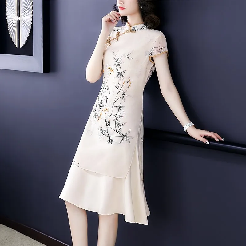 

2023 Cheongsam Women Short Silk Qipao Chinese Dress Qi Pao Party Vintage Ao Dai Elegant Dress Floral Printing Cheongsam Vestidos