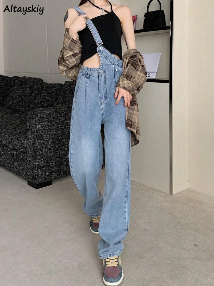 

Denim Jumpsuits Women Straight All-match High Waist Fashion Street Young BF Pocket Summer Irregular New Design Casual Daily Chic