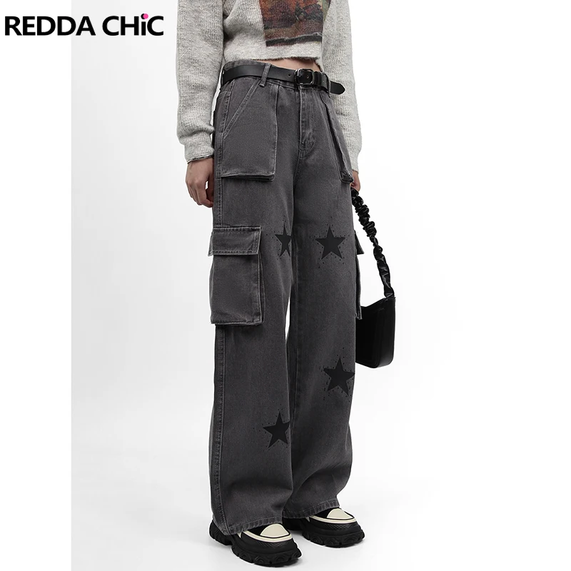 REDDACHiC Harajuku Goth Cargo Pants Women Star Y2k Jeans Wide Leg Retro Gray Baggy Jeans Mom High Rise Trousers Grunge Clothes