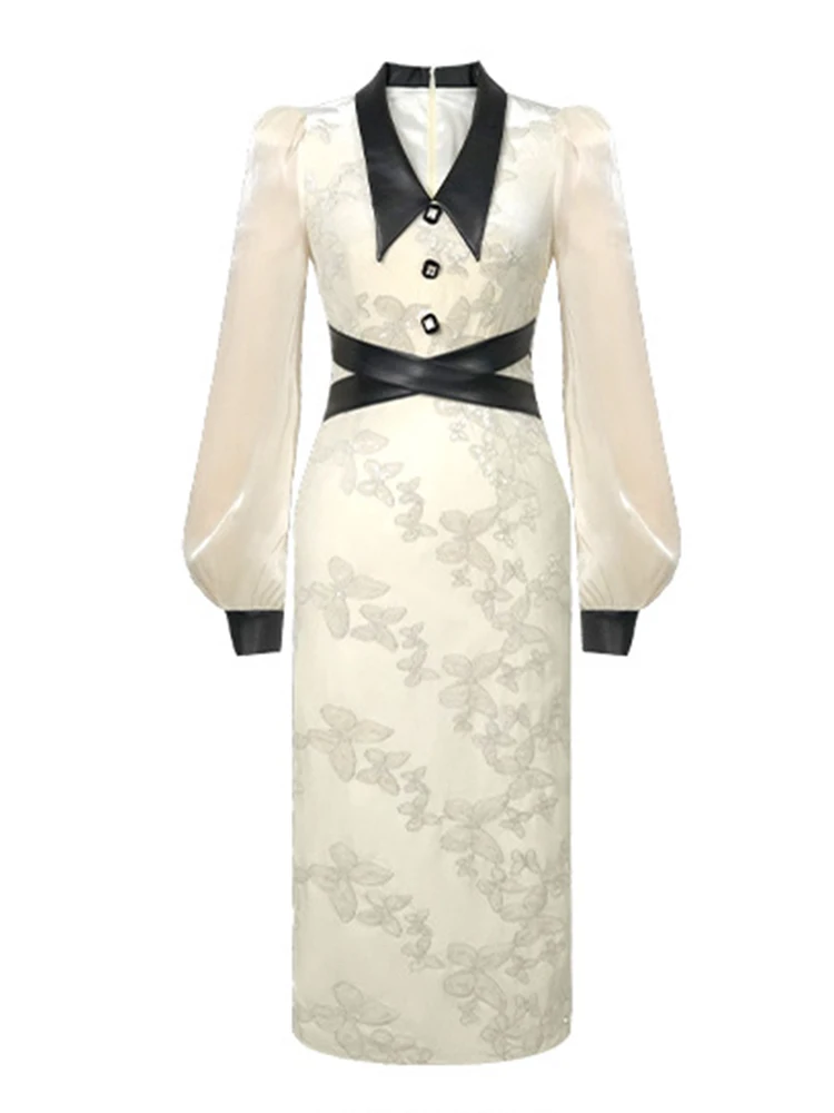 Women Clothes Work Style Formal Sequin Print Puff Sleeve Slim Midi Pencil Dress Elegant Ladies Commute Vintage Vestidos Casual