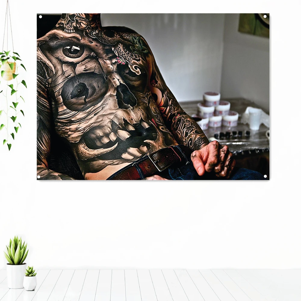 

Creative Horror Tattoo Art Art Poster Wall Hanging Flag Men's Half Body Tattoo Art Works Tapestry Wall Decor Painting Banners