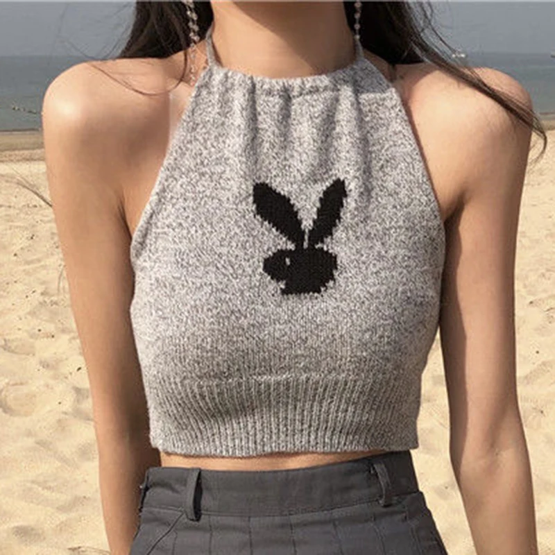 

Tank top, rabbit, shoulder, knitted bottom, short exposed slim fitting neck strap, hanging women's color top, sexy sleeveless