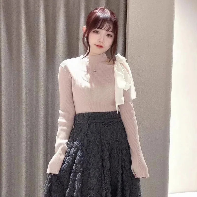 Осенние шикарные свитера в японском стиле с открытыми плечами и бантом на