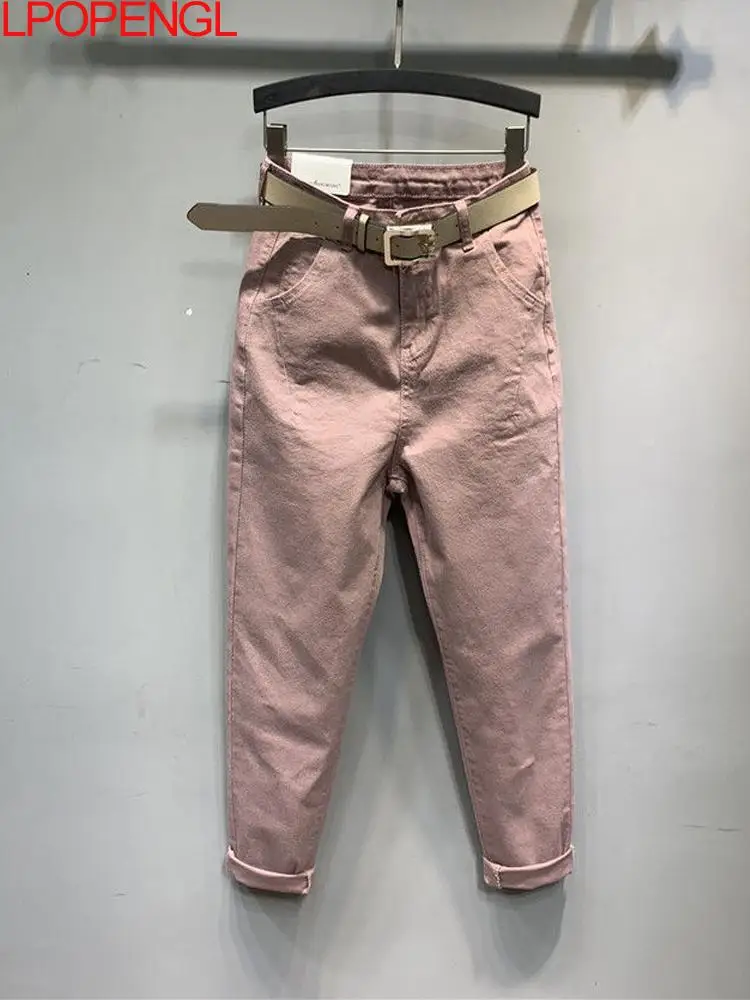

Elegant Solid Pink Simple Women Denim Trousers All-match All-match Elastic High Waist Cross-pants Casual Loose Office Lady Jeans