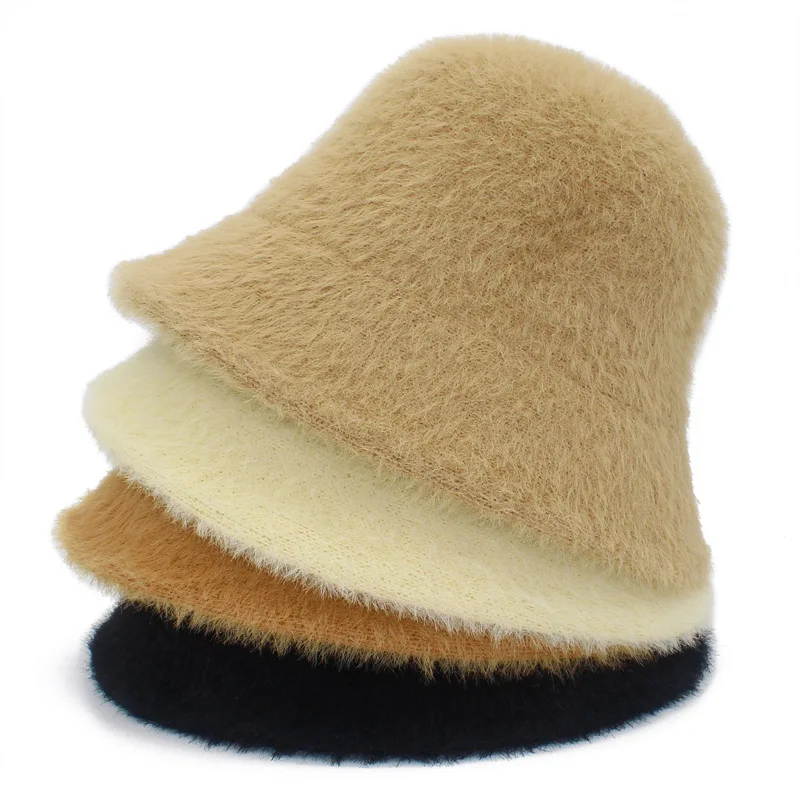 

Fashion Faux Rabbit Fur Bucket Hat Women Autumn Winter Warm Thickened Fisherman Hat Panama Plush Dome Basin Hat Lady Wool Cap