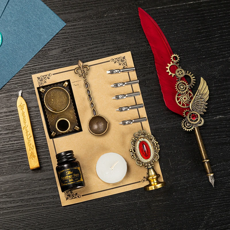 Ручка перьевая в винтажном стиле набор с чернилами и золотым перьевым карандашом
