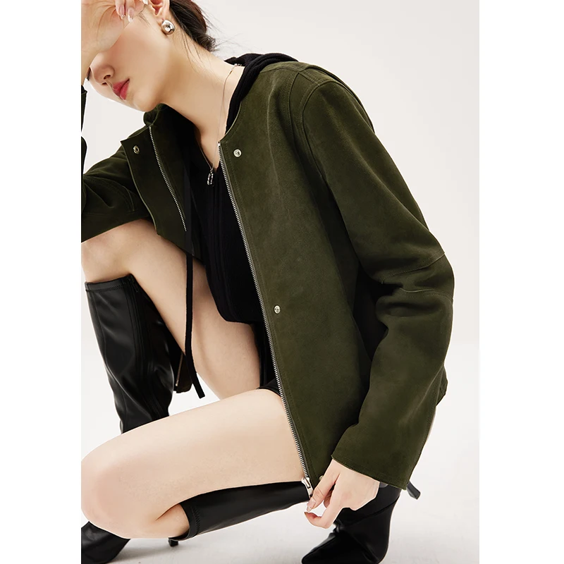 Fashion 2022 New American Retro  Kid Suede  Real Leather Jacket Women  Casaco Feminino Autumn/Winter Zipper Leather & Suede