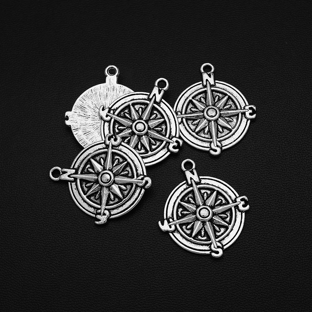 

5pcs/Lots 25x39mm Antique Silver Plated Compass Travel Charms Direction Star Pendants For Jewelry Making Wholesale Bulk Items