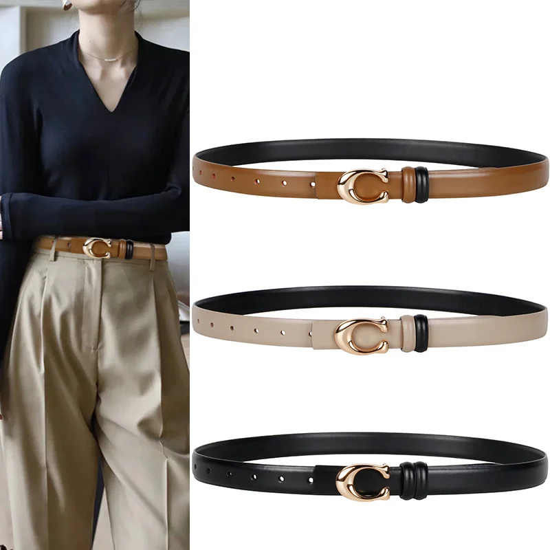 New Women's Fashionable C-shaped Buckle Thin Belt Detachable Double Side Denim Belt Genuine Leather Casual Dress Belt
