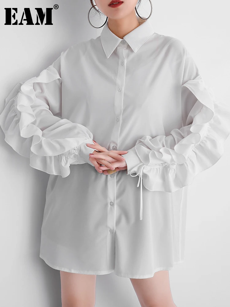 

[EAM] Женская черная блузка с оборками на завязках, новая свободная рубашка с длинными рукавами и отложным воротником, весна-осень 2022, 1DD386300