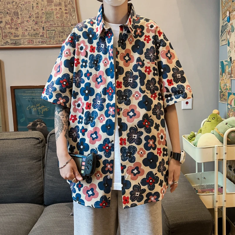 

New 2023 Summer Korean Fashion Floral Print Short-sleeve Shirts Men Travel Holiday Leisure Couples Shirts Beach Shirts for Men