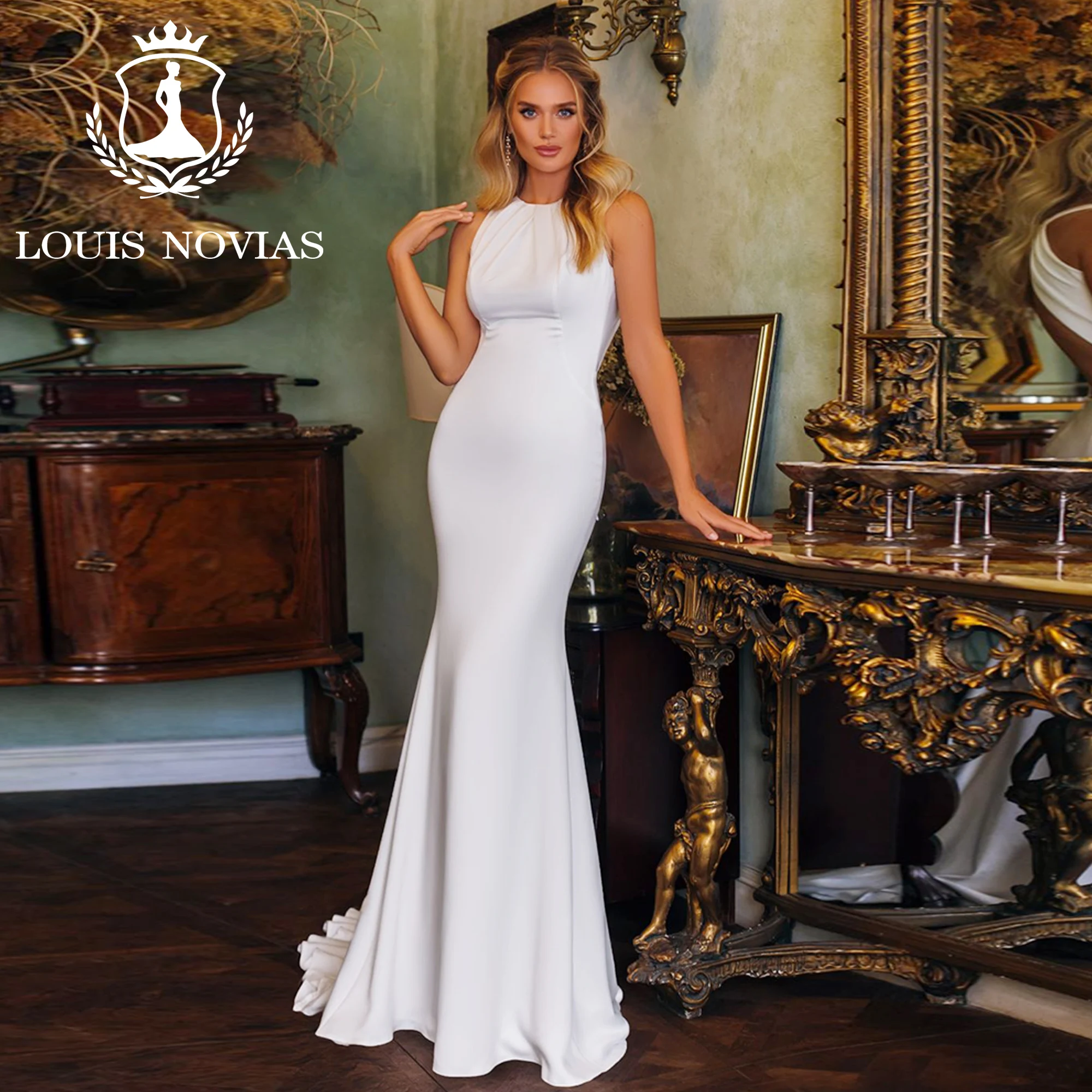 

LOUIS NOVIAS Mermaid Wedding Dress 2023 Simple O-Neck Backless Cut-out Brush Train Flowy Trumpet Wedding Gown Vestidos De Novia