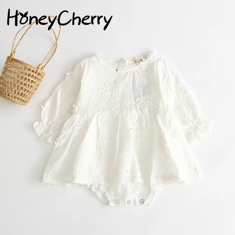 

HoneyCherry Baby Girl Bodysuit Lady Pure White Embroidered Long-sleeved Cotton Dress Bobysuit Climbing Clothes Baby Girl Clothes