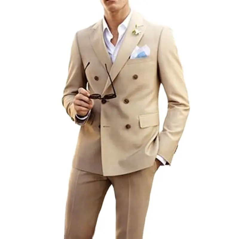

Мужские облегающие костюмы с двубортным воротником, бежевый смокинг для шафера с пиковыми лацканами для свадьбы, 2 предмета, куртка с брюками на заказ, мужская мода
