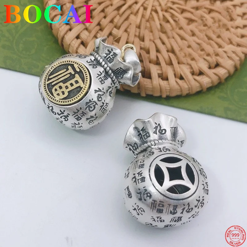 BOCAI S999 Sterling Silver Pendants Frosted Chinese Fu Money Bag 2022 New Fashion Pure  Argentum Amulet Jewelry for Women Men