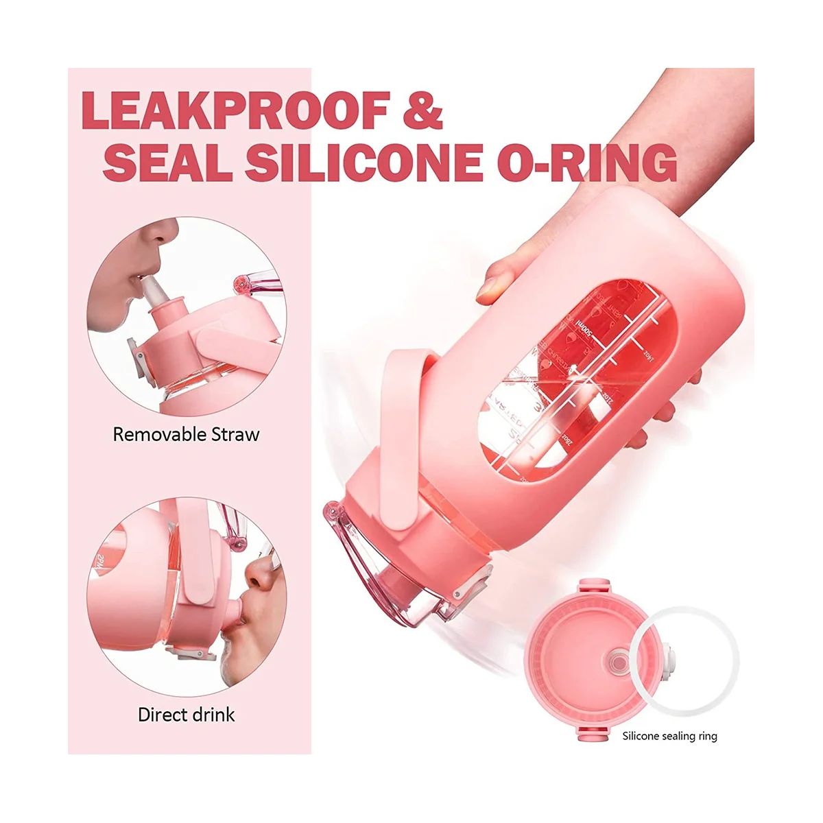 

64Oz Glass Water Bottles with Straw, Glass Bottle with Silicone Sleeve and Time Marker, for Gym Home Office Pink