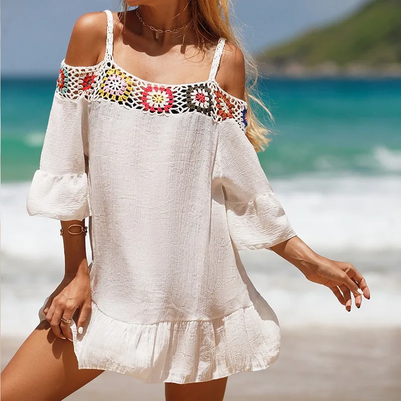 

Shoulder Off Beach Dress Crochet Beachwear Women Bikini Beach Cover Up Swimsuit Sexy Holiday Dress Beach Outfits for Women 2023