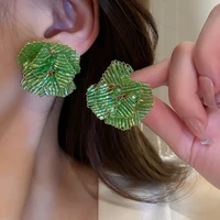 korean summer green crystal flower big stud earrings for women handmade jewelry holiday beach brincos gifts