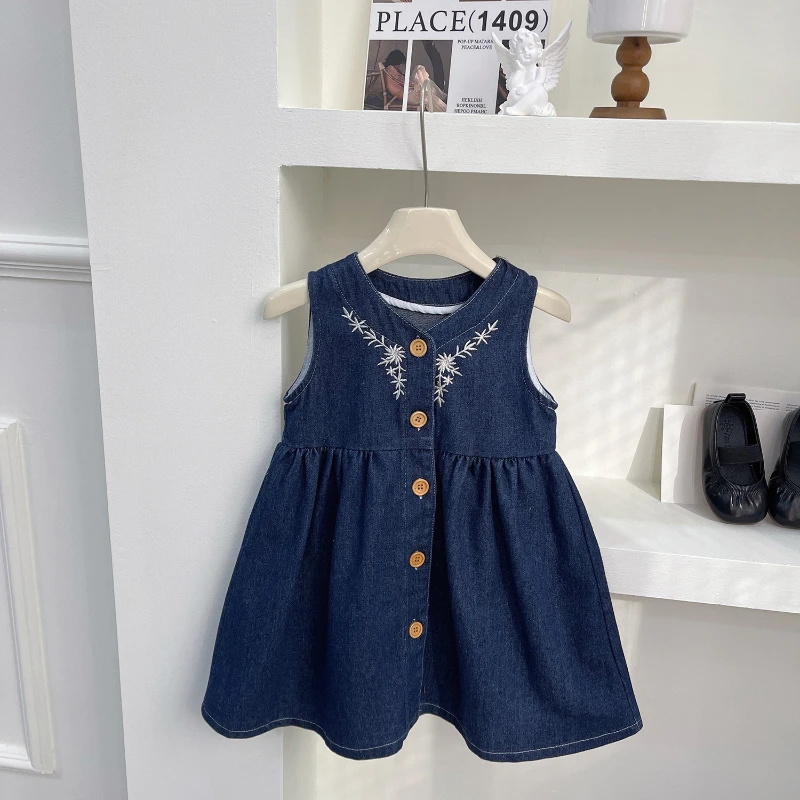 

Girls' Denim Dress Autumn New Casual Girls' Embroidered Sleeveless Denim Dress + White Long-sleeved Shirt
