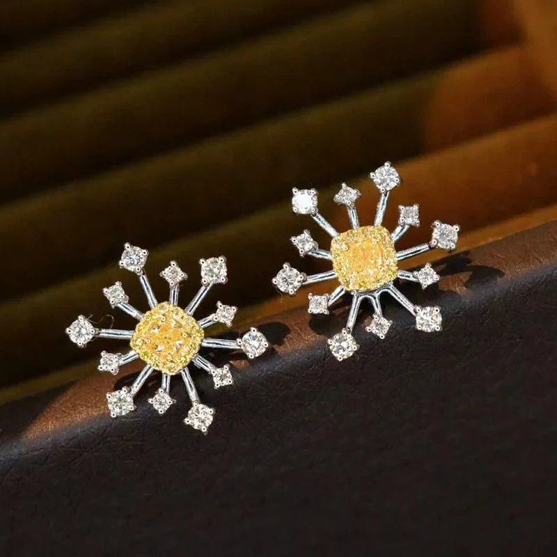 

Yellow Diamond Snowflake Stud Earrings S925 Sterling Silver Luxury Exquisite Pink Gemstone Creative New Ladies Jewelry