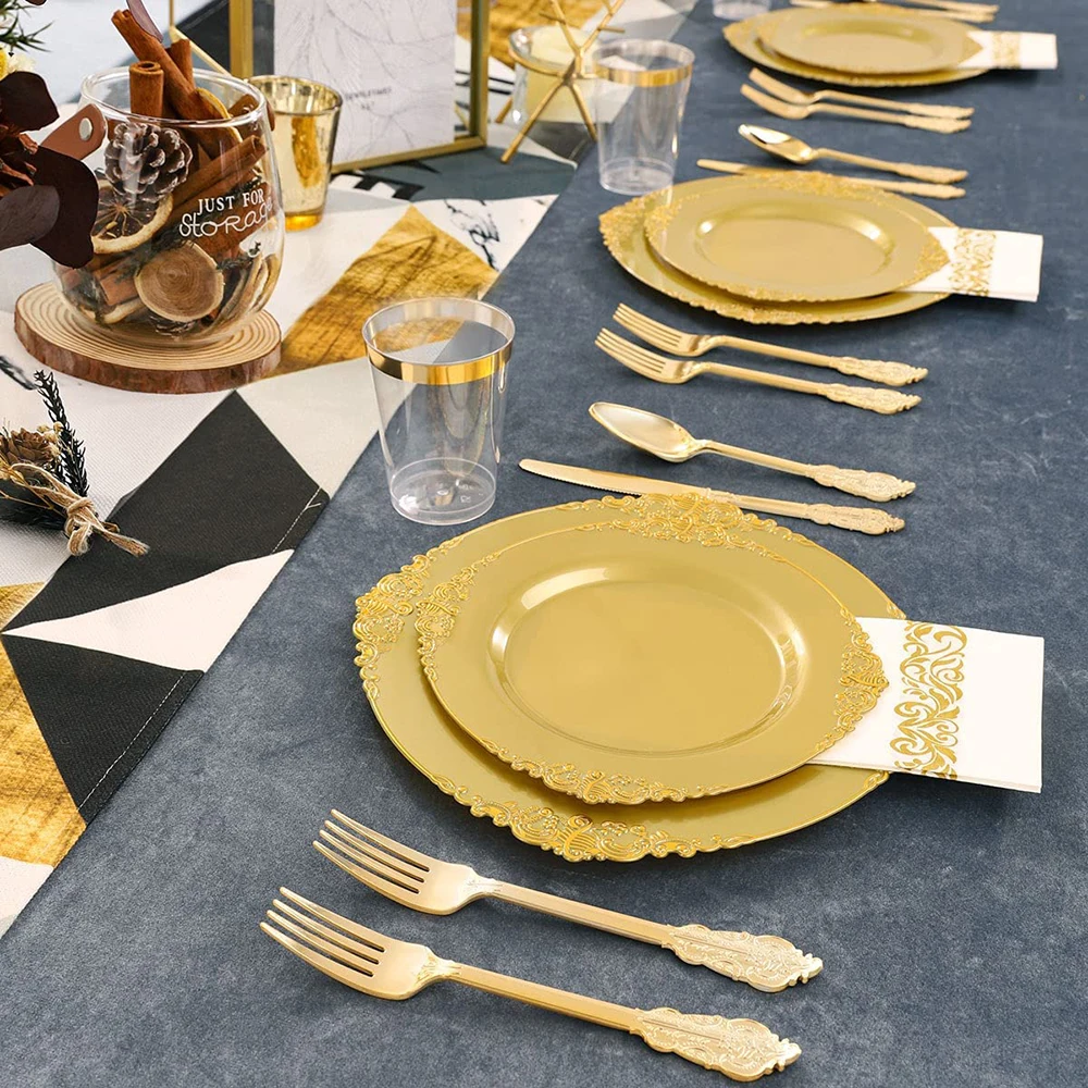 

10 Guests Disposable Cutlery Baroque Plastic Plate Cup Silverware Napkin Combo Set Wedding Birthday Party Decorations