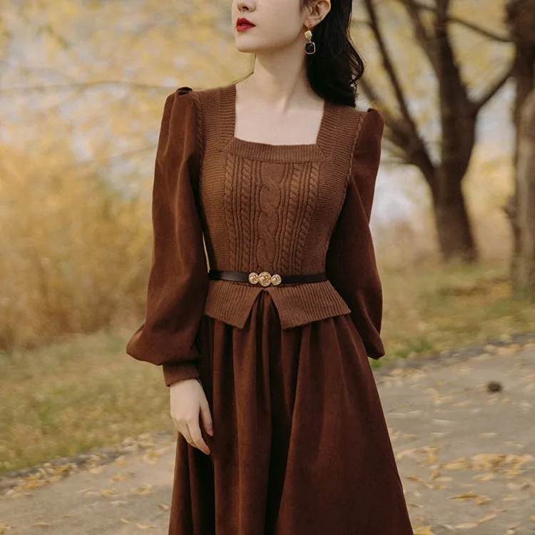 Autumn and Winter Women's Warm Midi Dress English Style Black Brown Stitch Knitted Dress Lantern Sleeve Belt Elegant Dress