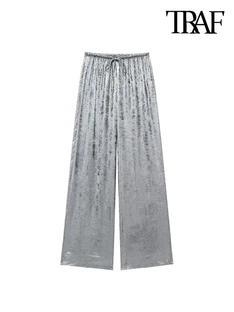 Брюки женские прямые металлические с высокой эластичной талией и кулиской