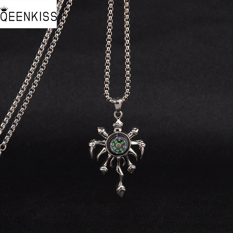 

QEENKISS NC8110 Fine Jewelry Wholesale Fashion Man Birthday Wedding Gift Flame Compass Cross Hip Hop Titanium Steel Necklace